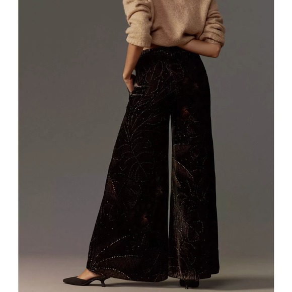 Farm Rio Anthropologie Velvet Wide Leg Pants Sz XS Black Gold Sparkle Designer - Picture 2 of 16